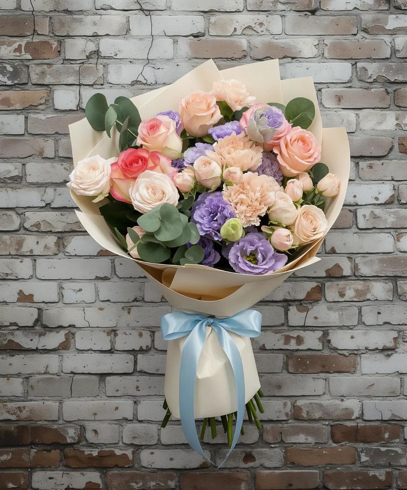 Букет цветов из: Розы, Лизиантусы и Гвоздики в Сухой Буйволе